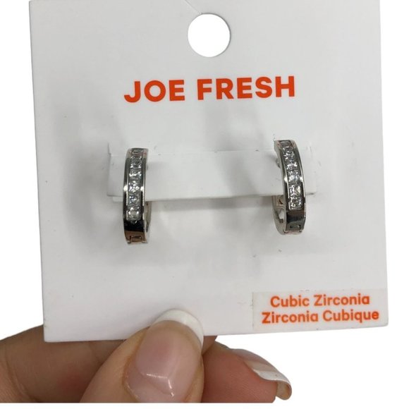 NWT Joe Fresh Silver-Toned Cubic Zirconia Small Hoop Earrings - Picture 1 of 9